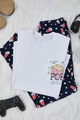 Beyaz Regular Fit Pamuklu Popcorn Desenli Uzun Pijama Tak?m? TMNAW26PT00053
