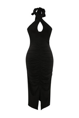 TRENDYOLMILLA Siyah Drape Detayl? Boyundan Baglamal? Vucuda Oturan Midi Esnek Orme Kalem Elbise TWOSS23EL02370
