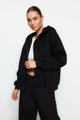 Siyah Oversize/Rahat Kesim Basic Kapusonlu Kal?n Ici Polarl? Orme Sweatshirt TWOAW24SW00188