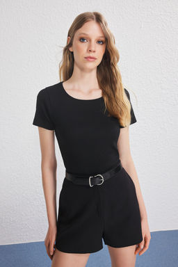 Siyah Duz-Siyah Cizgili 2li Paket Havuz Yaka Vucuda Oturan Fitlli Esnek Orme Bluz TWOSS25BZ00512 - Trendyolmilla фото 5