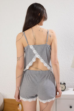 Trendyolmilla Gri Melanj S?rt ve Dantel Detayl? Fitilli Sortlu Orme Pijama Tak?m? THMSS25PT00342 фото 2