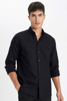 Beyaz Modern Fit Polo Yaka Petek Dokulu Basic Duz Uzun Kollu Gomlek - Defacto фото 4