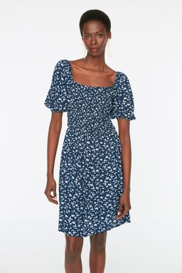 Lacivert Cicekli Skater/Belden Ac?lan Gipeli Viskon Mini Dokuma Elbise TWOSS22EL0370 - Trendyolmilla фото 2