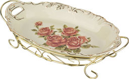 БЛЮДО НА МЕТАЛЛ.ПОДСТАВКЕ КОРЕЙСКАЯ РОЗА 29*17 СМ. ВЫСОТА=8 СМ.