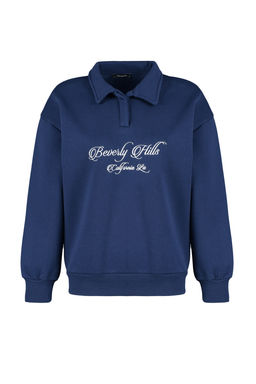 Lacivert Gomlek Yaka Nak?sl? Regular Fit Kal?n Ici Polarl? Orme Sweatshirt TWOAW24SW00182