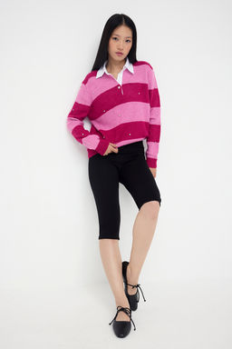 Teen Pembe Yumusak Dokulu Genis Kal?p Yaka Garnili Tas Islemeli Triko Kazak TWOAW26KZ00034 - Trendyolmilla фото 4