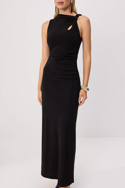 Siyah Asimetrik Yaka Bodycone/V_cudu Saran Maxi Elbise TPRSS26EL00295 - Trendyolmilla фото 3