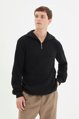 Siyah Regular Fit Yunlu Fermuarl? Bal?kc? Yaka Triko Kazak TMNAW22KZ0347