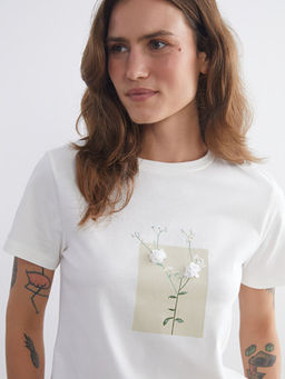 Bisiklet Yaka ?i?ekli Kad?n Ti??rt