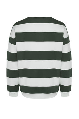 TRENDYOL MAN Indigo-Ekru Oversize/Genis Kesim Bisiklet Yaka Cizgili Ici Polarl? Pamuklu Sweatshirt TMNAW24SW00098 - Trendyolmilla фото 8