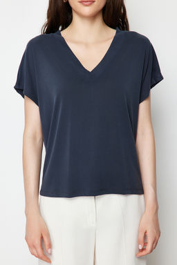 TRENDYOLMILLA Antrasit Modal V Yaka Relaxed/Rahat Kesim Orme T-Shirt TWOSS24TS00043 фото 4