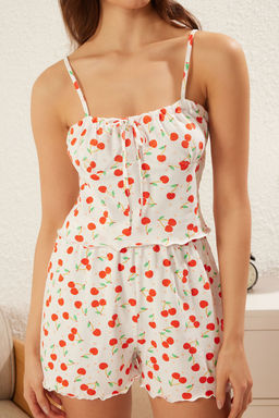 Trendyolmilla Pembe %100 Pamuklu Kiraz Desenli Ip Ask?l? Sortlu Orme Pijama Tak?m? THMSS22PT0649  фото 3