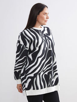 B?y?k Beden Bisiklet Yaka Desenli Kad?n Sweatshirt Tunik