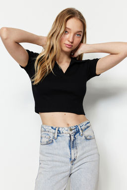 Siyah Fitted/Vucuda Oturan Crop Polo Yaka Fitilli Esnek Orme Bluz TWOSS21BZ0038