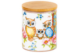 Банка д/хранения 650 мл 10*10*12,5 см "Совушки" с деревянной крышкой с силик.уплотн. NEW BONE CHINA