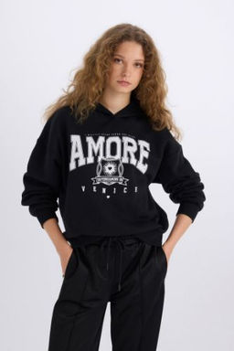 Loose Fit Kapusonlu Bask?l? Kal?n Kumas Sweatshirt