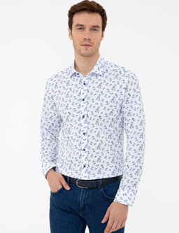 Темно-синяя приталенная рубашка с длинным рукавом