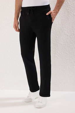 Siyah Regular Fit _rme Esnek Rahat Beli Ba_lamal_ Lastikli Duble Pa_a Pantolon TMNAW25PL00002