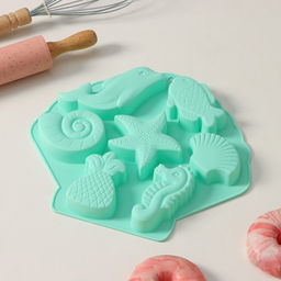 Форма для выпечки Доляна «Морские обитатели», силикон, 26×24×2.5 см, 7 ячеек, бирюзовая