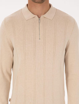 Bej Slim Fit Polo Yaka Fermuarl_ Triko Kazak - Pierre cardin фото 6