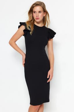 TRENDYOLMILLA Siyah Fitilli Kollar? Volanl? Bodycone/Vucuda Oturan Midi Esnek Orme Kalem Elbise TWOSS23EL01708