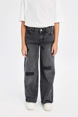 Широкие джинсовые брюки антрацитового цвета с рваными деталями для девочек и широкими карманами на штанинах - Defacto фото 4