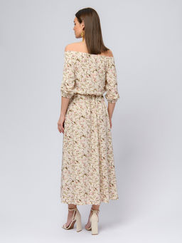 Платье бежевое с цветочным принтом и пышными рукавами - 1001dress фото 3