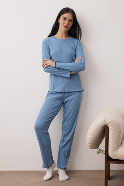 Mavi Cicekli Baby Overloklu Fitilli/Pointel Orme Pijama Tak?m? THMAW26PT00220 - Trendyolmilla фото 2