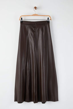 Koyu Kahverengi Suni Deri Yuksek Bel Maxi Etek TWOAW24ET00151
