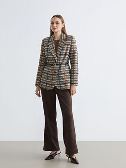 Ekose Kemerli Kad?n T?vit Blazer Ceket