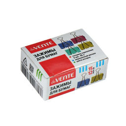 Цена за 12 шт. Зажимы для бумаг 15 мм, 12 штук, deVENTE, металлические, МИКС х 4 цвета, картонная коробка