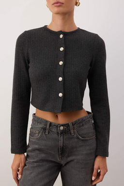 Antrasit Fitted/Vucuda Oturan Crop Dugme Detayl? F?rcal? Pointel Esnek Orme Bluz TWOAW26BZ00113