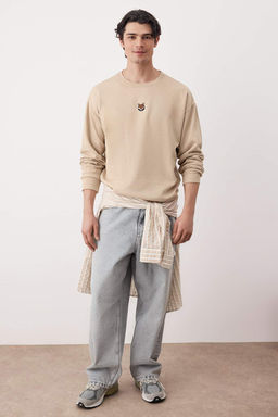Tas Oversize/Genis Kesim Bisiklet Yaka Uzun Kol Hayvan Nak?sl? Sweatshirt TMNAW24SW00169