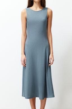 Antrasit %100 Pamuk Skater/Belden Ac?lan Bisiklet Yaka Kolsuz Midi Orme Midi Elbise TWOSS24EL00193