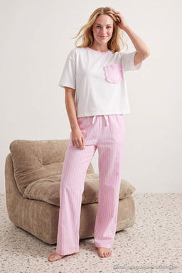 Beyaz-Pembe _izgili Cepli _rme Pijama Tak_m_ THMAW27PT00054