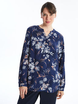 Ka??k Yaka ?i?ekli Uzun Kollu Kad?n Bluz