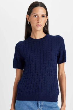 Regular Fit Bisiklet Yaka Sac Orgulu K?sa Kollu Triko Kazak - Defacto фото 2