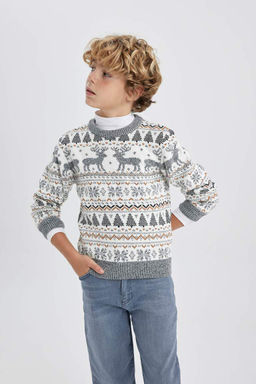 Свитер Mini Me с круглым вырезом в новогодней тематике для мальчика - Defacto фото 7