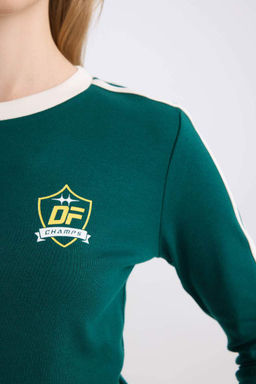 Женская крутая приталенная футболка в рубчик с длинными рукавами и принтом - Defacto фото 4