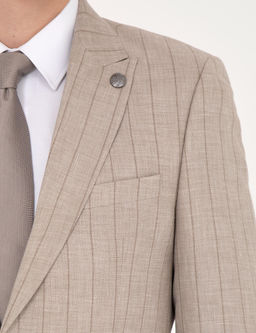 Bej Slim Fit Y_n Keten Kar___ml_ _izgili Tak_m Elbise