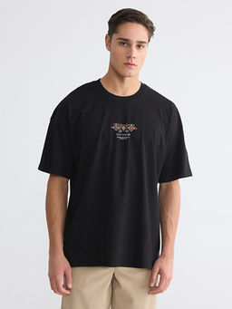 Loose Fit Bisiklet Yaka Bask?l? Erkek Ti??rt