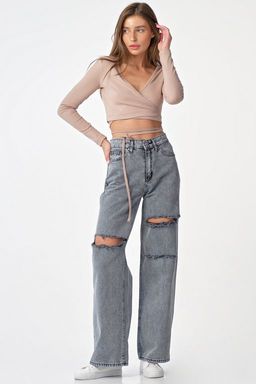 Топ трикотажный с завязками на талии бежевый