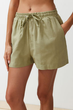 Yesil Dokuma Keten Gorunumlu Gomlek Sort Plaj Tak?m TBESS24AU00054 - Trendyolmilla фото 4