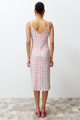 Ekru Cicek Bask?l? Burumcuk Belden Ac?lan/Skater Ask?l? Midi Orme Elbise TWOSS23EL01454 - Trendyolmilla фото 6