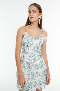 TRENDYOLMILLA Mint Cicek Desenli A Kesim Mini Astarl? Volanl? Dokuma Elbise TWOSS20EL1267  фото 2