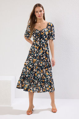 TRENDYOLMILLA Mor A Kesim Balon Kollu Cicek Desenli Midi Dokuma Elbise TWOSS20EL2323  фото 19