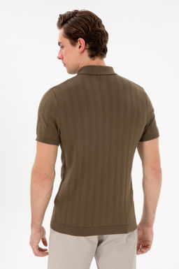Erkek Slim Fit Polo Yaka Haki Triko Ti__rt