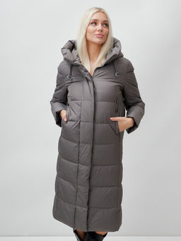 Пальто утепленное стеганное зимнее с капюшоном женское темно-серого цвета 9606TC