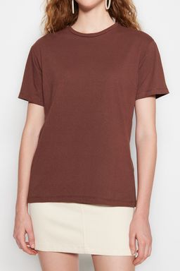 Kahverengi %100 Pamuk Bisiklet Yaka Oversize/Genis Kal?p Orme T-Shirt TWOSS20TS0134