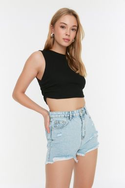 Ac?k Mavi Y?rt?kl? Yuksek Bek Mini Denim Sort TWOSS22SR00047